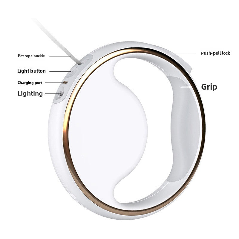 White and gold pet collar with labeled parts on a white background