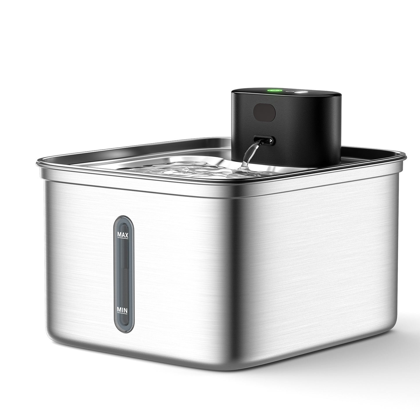 Stainless steel water fountain with black top on a white background