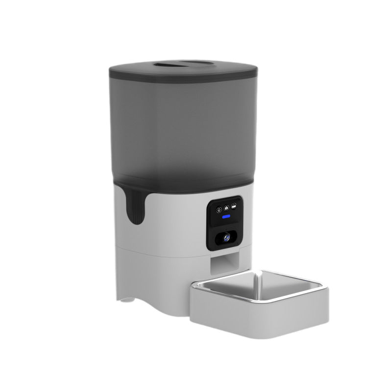 Gray and black pet feeder with water bowl on a white background