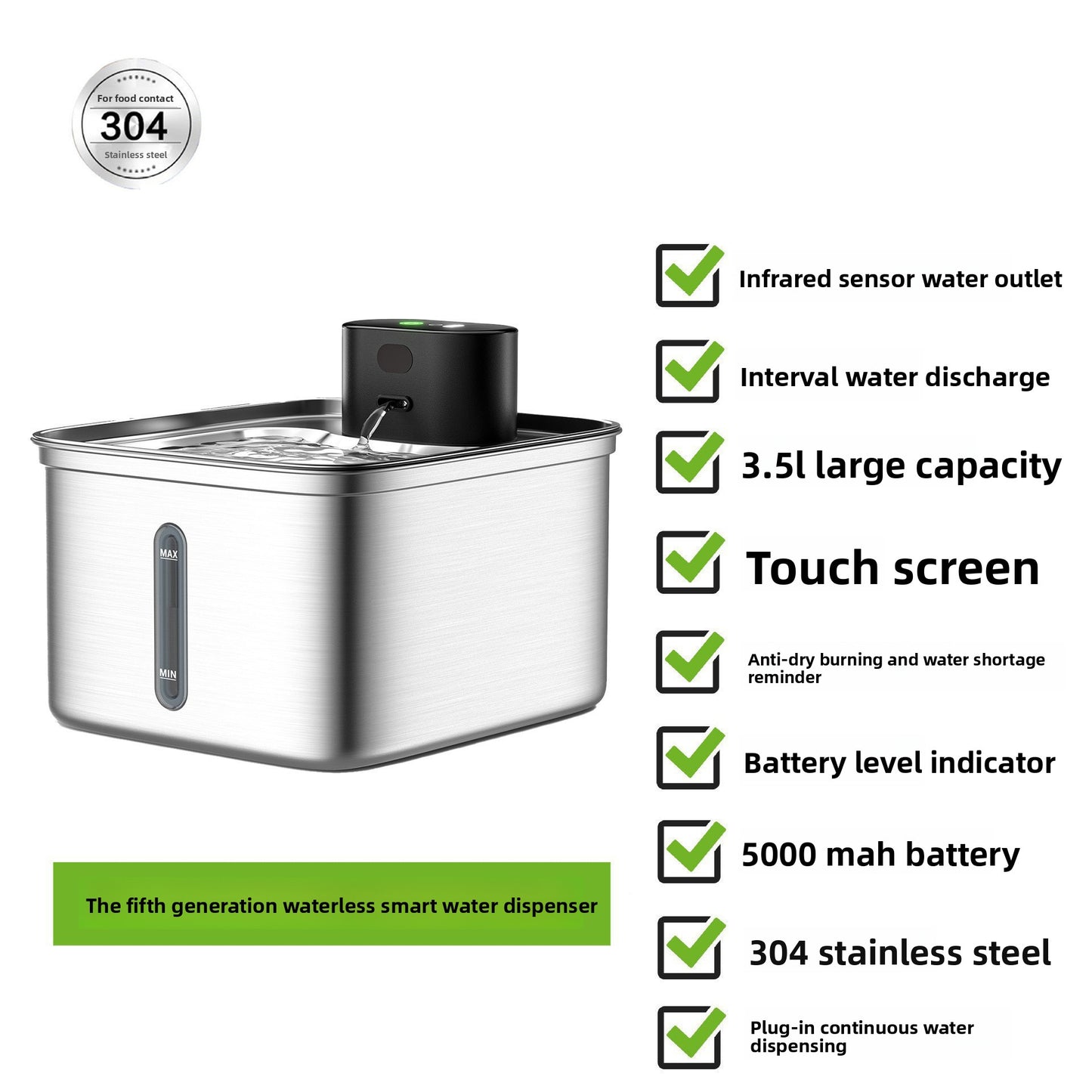 Waterless smart water dispenser with features listed on a white background
