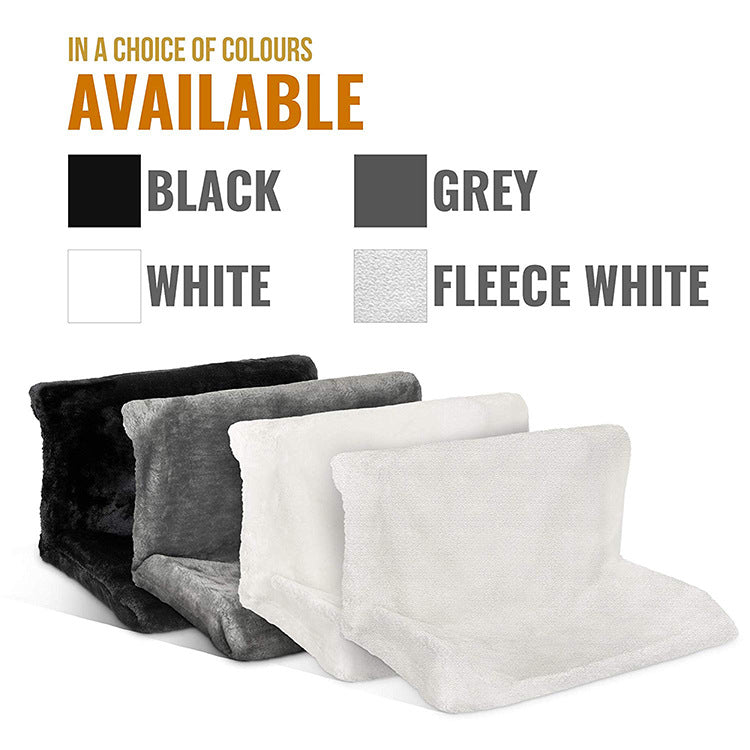 Three pillows in black, gray, and fleece white on a white background with color options listed.