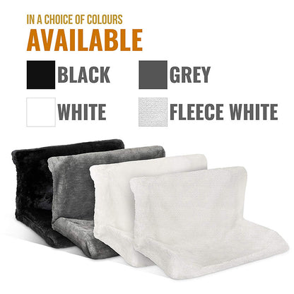 Three pillows in black, gray, and fleece white on a white background with color options listed.