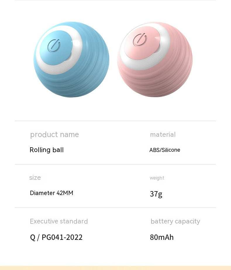 Two rolling balls, one blue and one pink, with product specifications listed below on a white background.