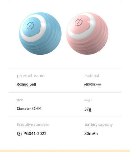 Two rolling balls, one blue and one pink, with product specifications listed below on a white background.