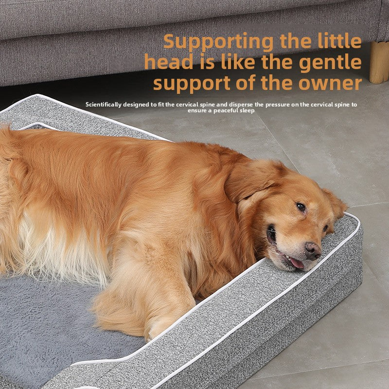 Dog lying on a pet bed with text about supporting the neck