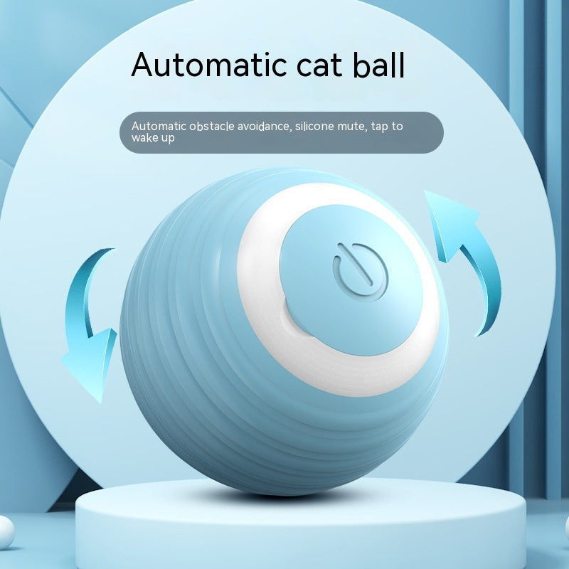 Automatic cat ball toy with blue and white design on a light blue background