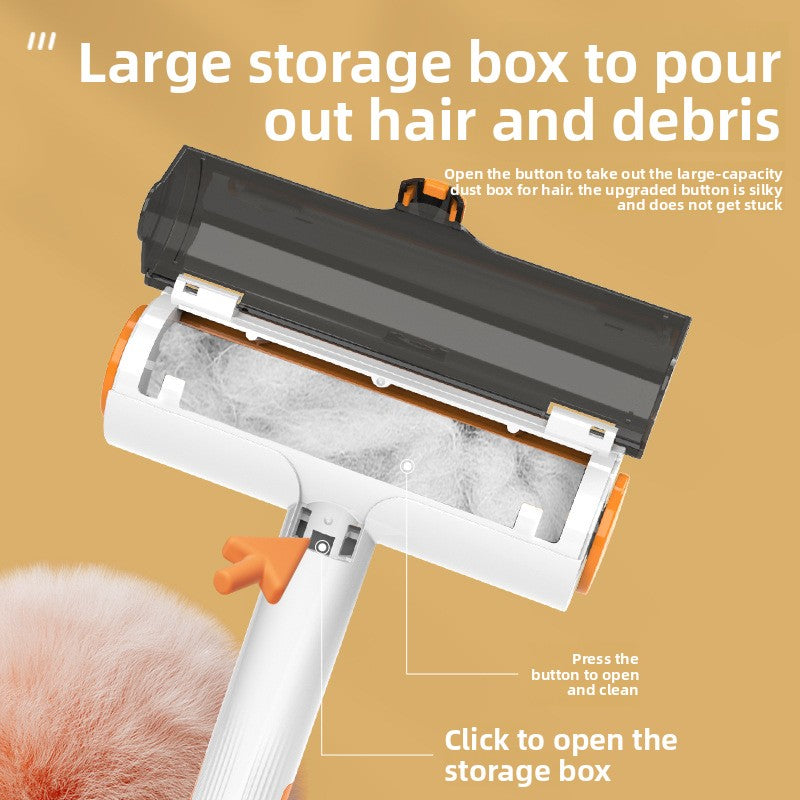 Hair removal tool with a large storage box for hair and debris on a beige background