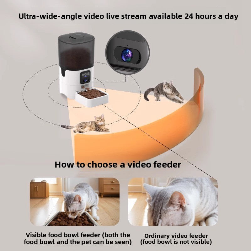 Cat feeder with camera and text about video feeders