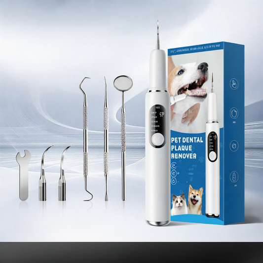 Pet dental plaque remover with tools and packaging on a light gray background