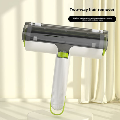 Two-way hair remover with text on a neutral background