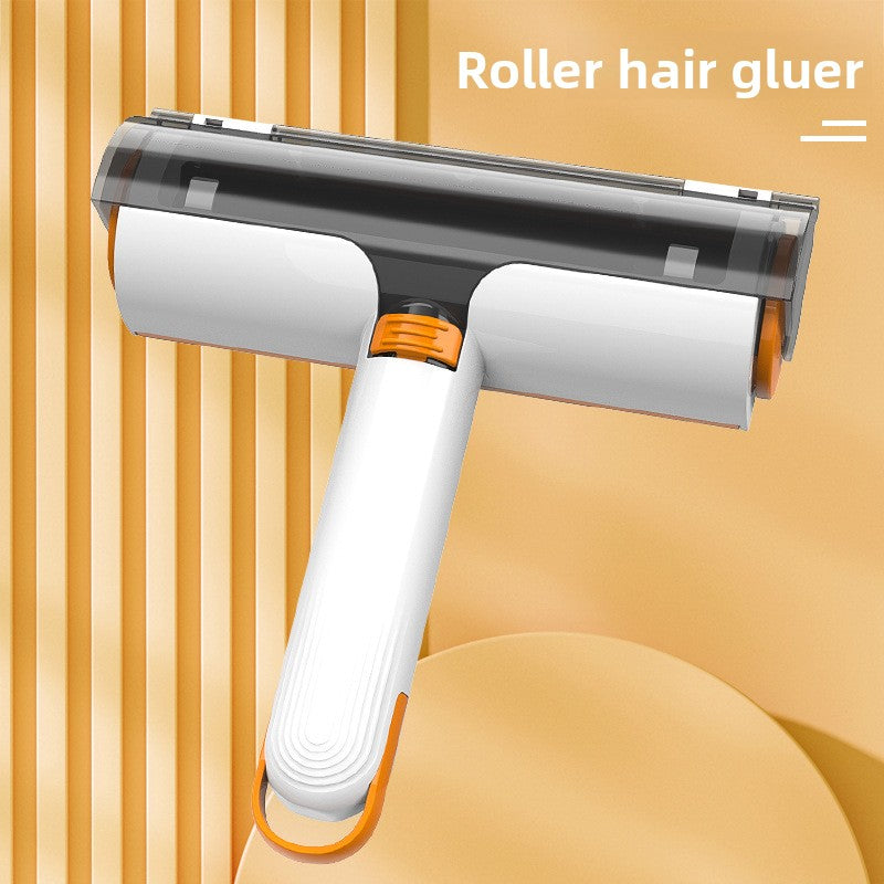 Roller hair gluer with a white handle and black roller on an orange background