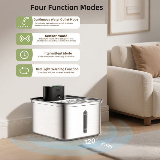 Pet water fountain with four function modes displayed in a living room setting.