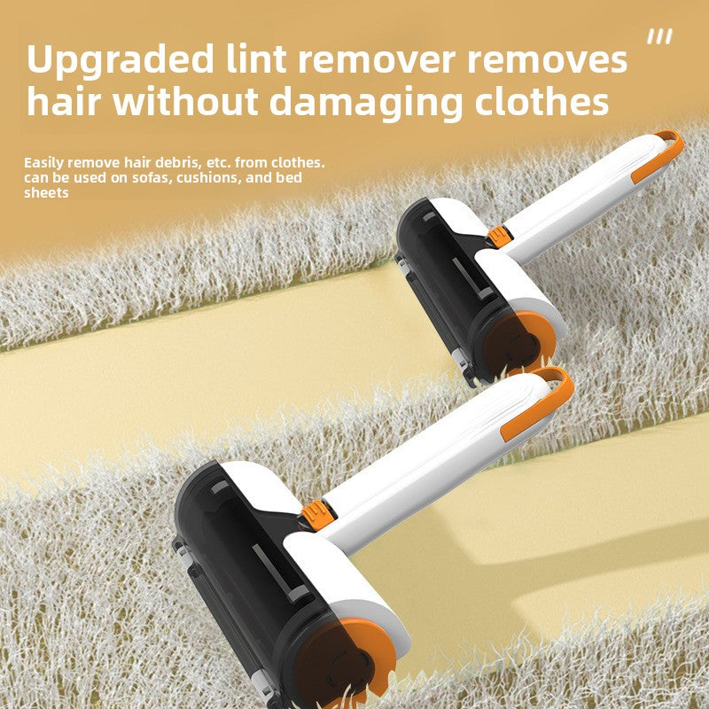 Lint remover on a fabric background with text about its use.