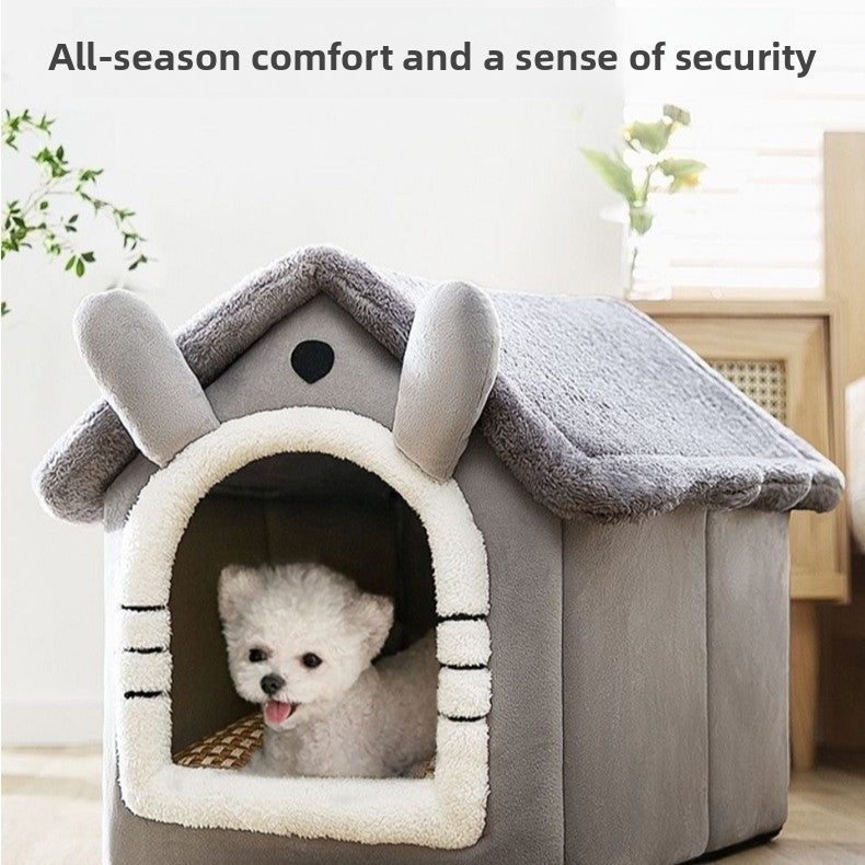 Pet house with a dog inside, labeled 'All-season comfort and a sense of security'.