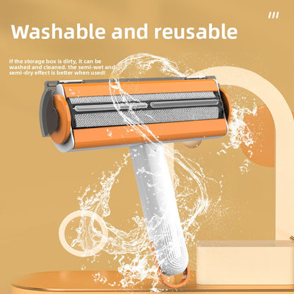 Cleaning tool with water splashes on a beige background, emphasizing washable and reusable features.