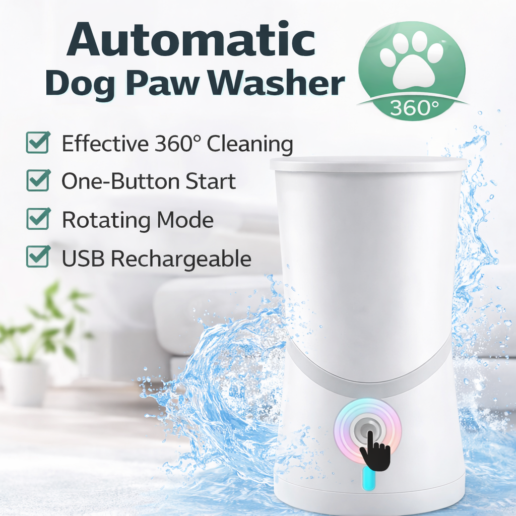 Automatic dog paw washer with features listed on a white background