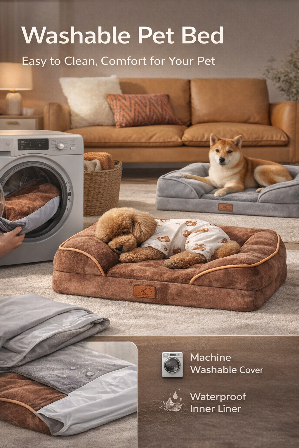 Washable pet bed with a dog lying on it, washing machine, and sofa in the background.