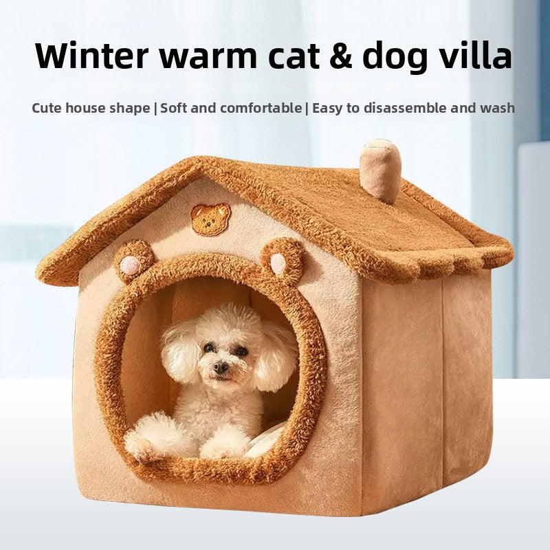 Dog lying inside a brown pet house with teddy bear ears on a light background