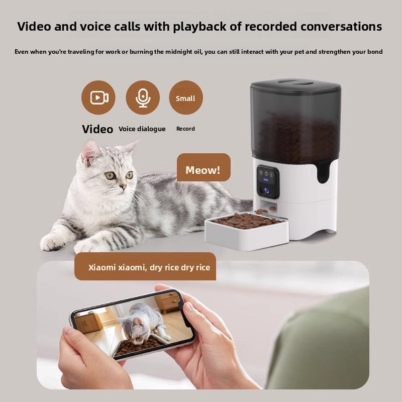 Pet feeding station with video and voice call features, showing a cat and smartphone interaction.