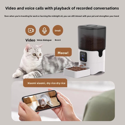 Pet feeding station with video and voice call features, showing a cat and smartphone interaction.