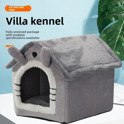 Gray pet house with a white interior on a light blue background