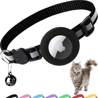 Cat collar with a bell and reflective material, featuring a cat on a white background.