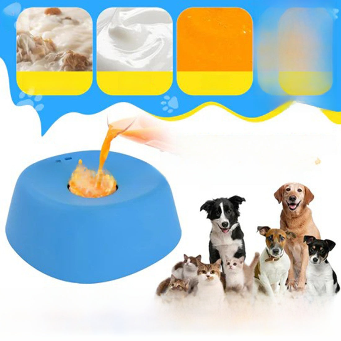Pet food dispenser with a hand pouring food, surrounded by pets and color swatches.