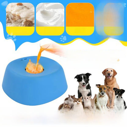 Pet food dispenser with a hand pouring food, surrounded by pets and color swatches.