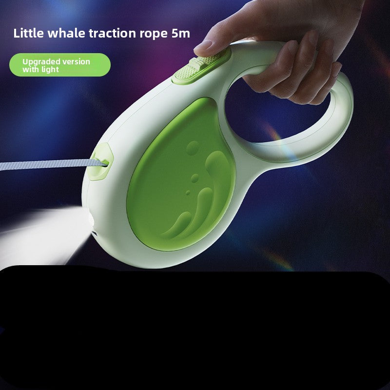 Green and white pet traction rope with light feature held by a hand against a dark background.