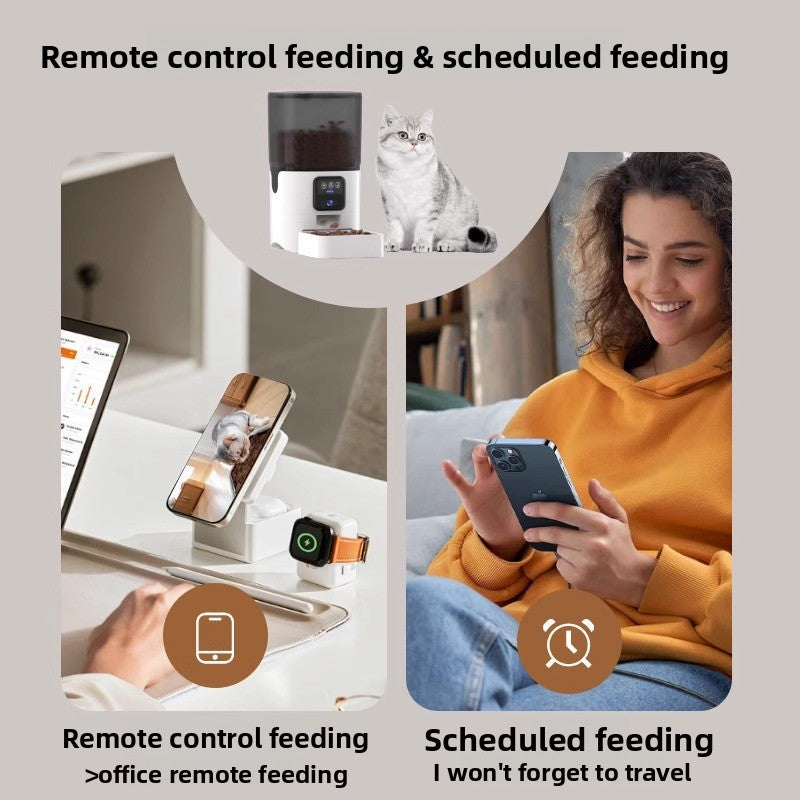 Smart pet feeder with remote control and scheduled feeding features, shown with a woman using her phone.