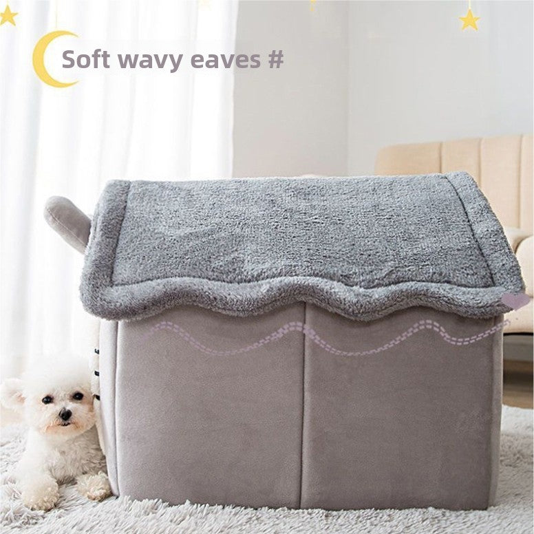 Gray pet bed with wavy eaves in a room setting