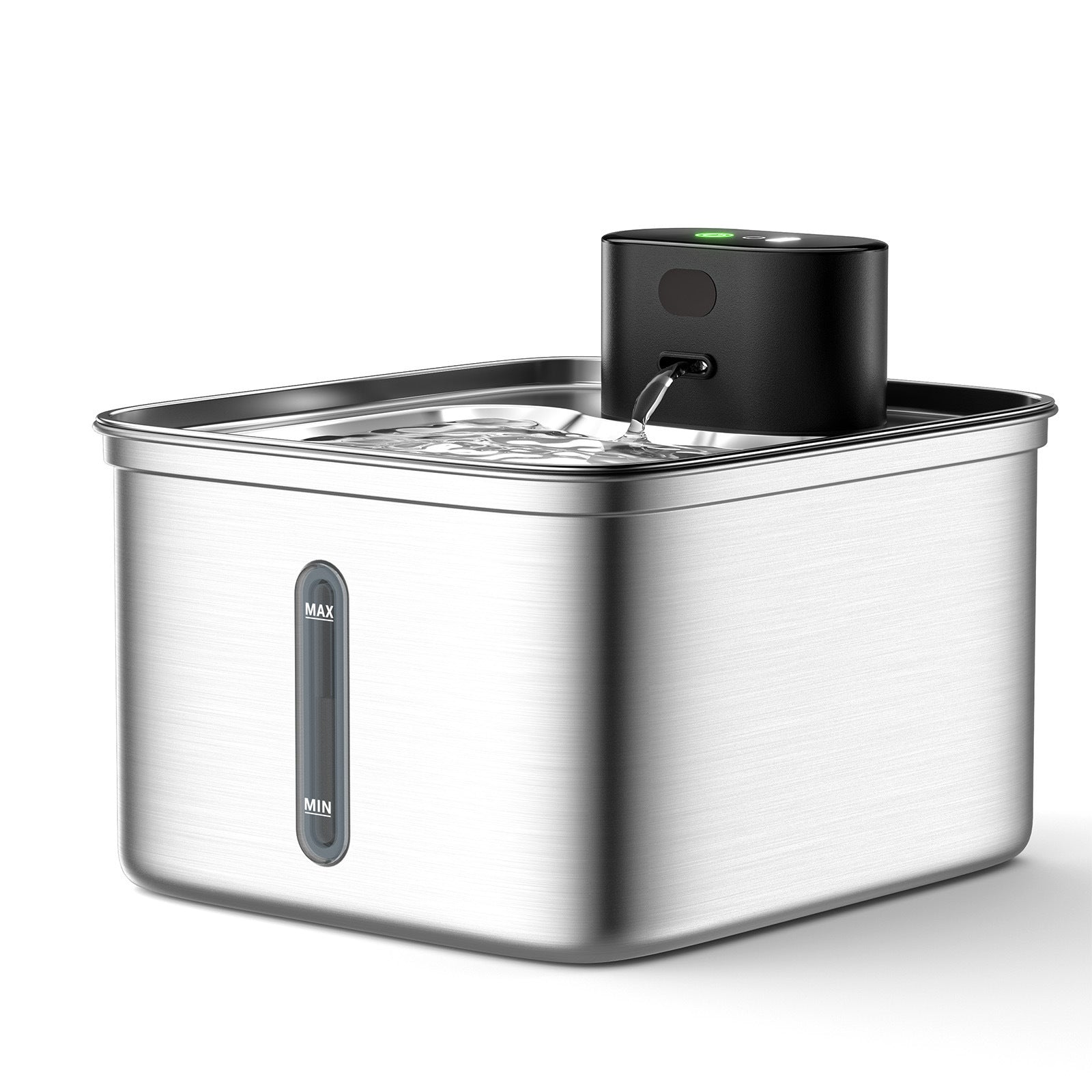 Stainless steel water fountain with black top on a white background