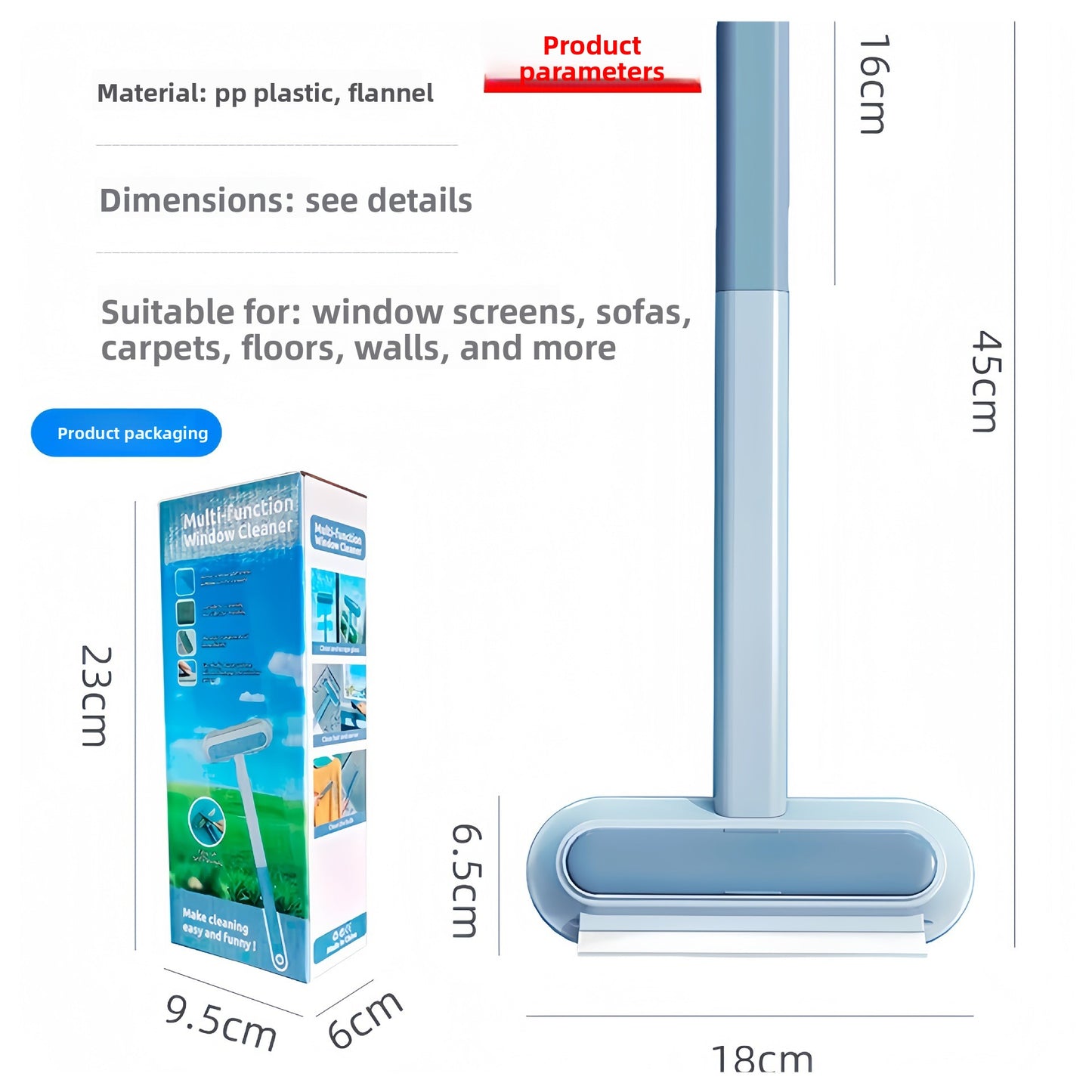 Multifunctional cleaning tool with dimensions and packaging displayed on a white background