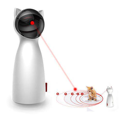 Cat-shaped device with a red laser pointer on a white background